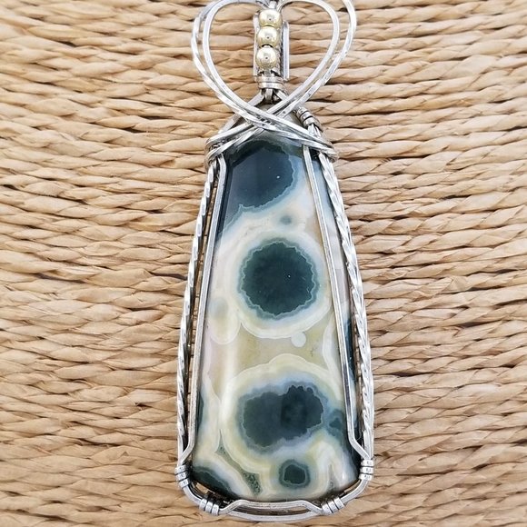 Wire Wrapped Kabamby Ocean Jasper Pendant * Silver wire wrap pendant * wwn15tb - Picture 8 of 13